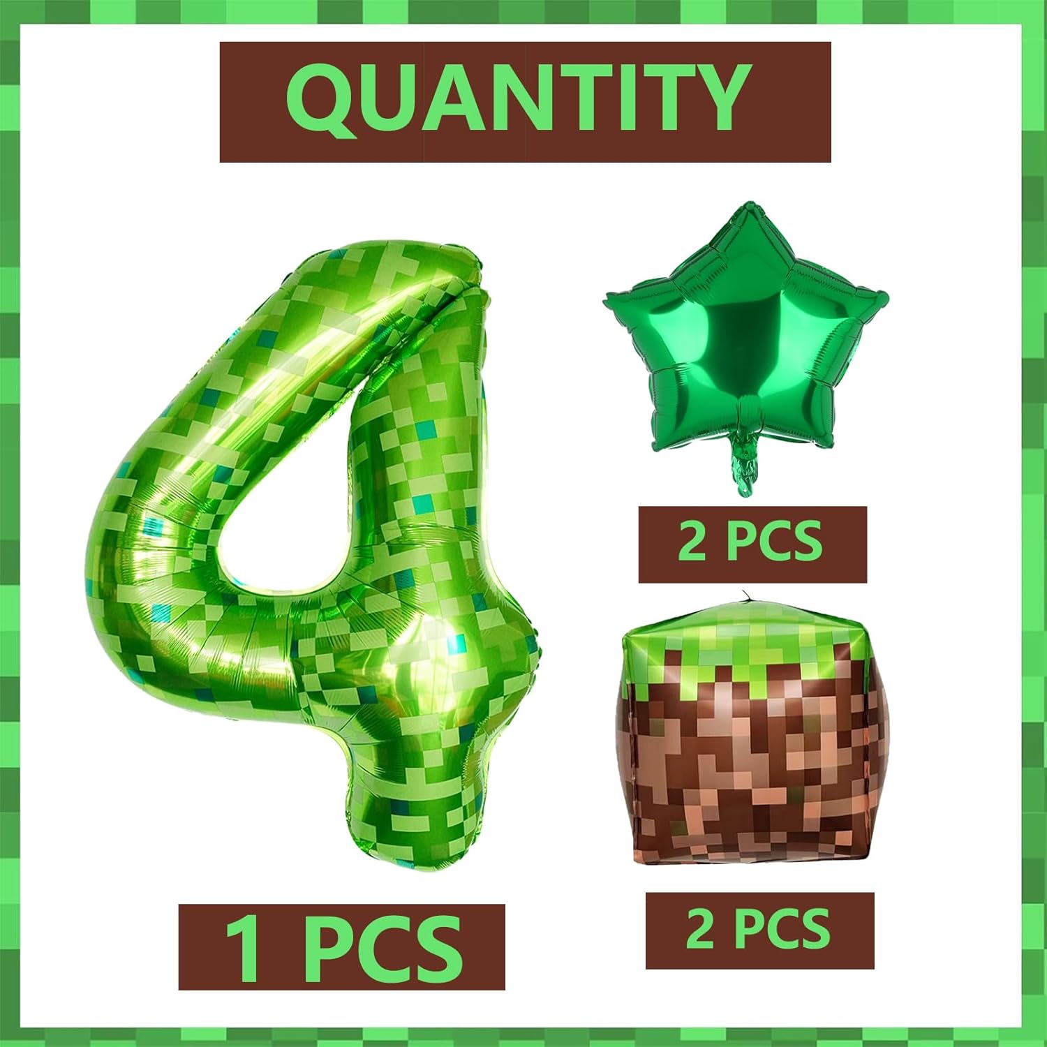 40 Inch Green Pixel Number 4 Foil Balloon Set
