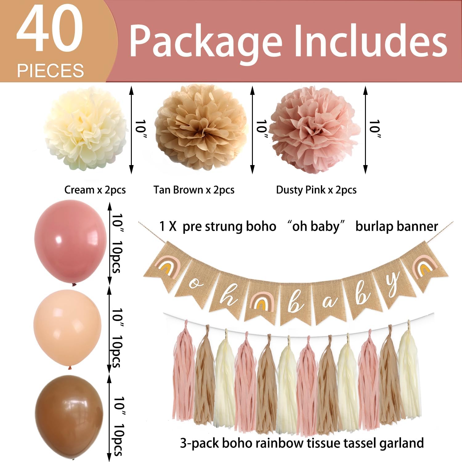 Boho Pink Brown Baby Shower Decorations Set 40-Pack