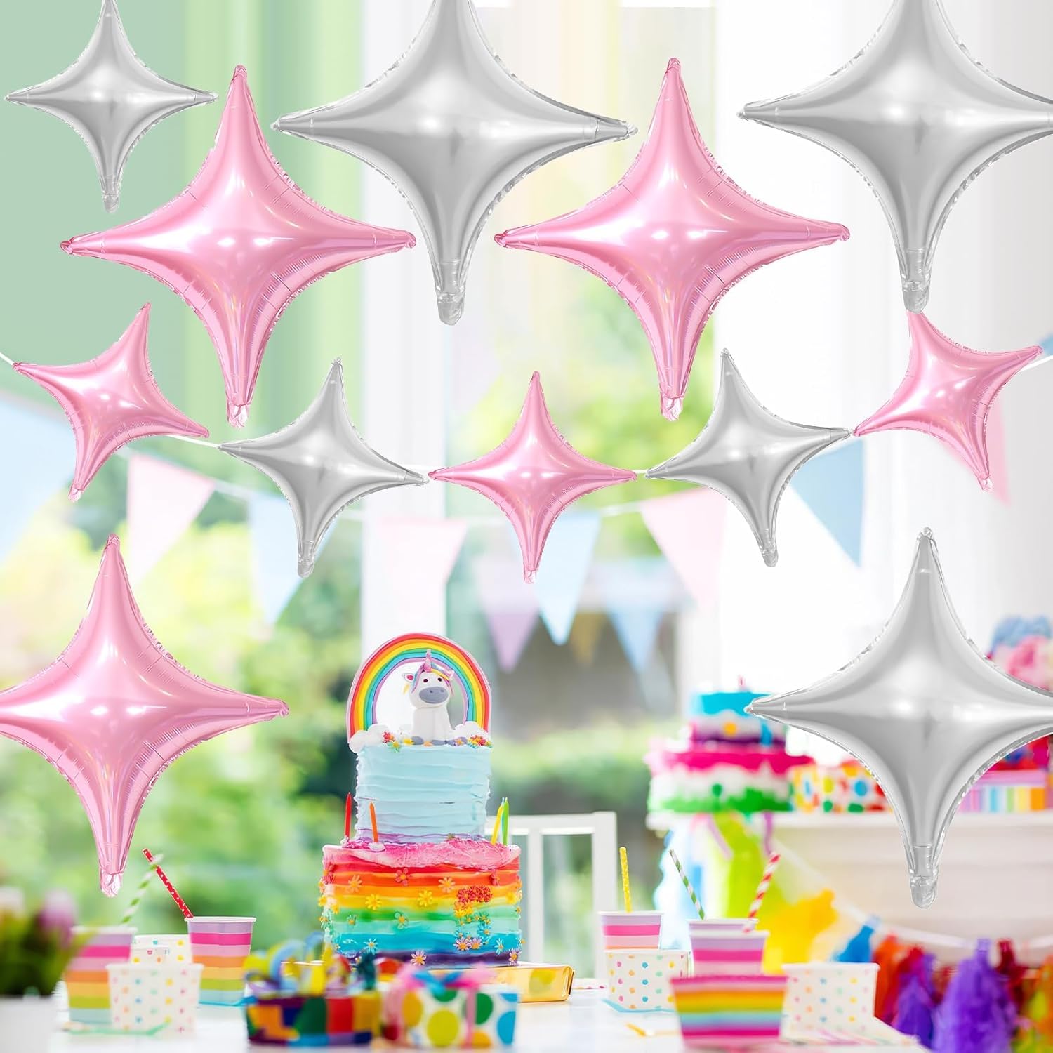 Pink Silver Star Balloons 12Pcs Party Decor