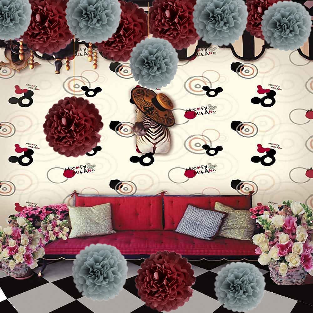 Heartfeel 12pcs Tissue Paper Pom Poms Grey and Burgundy