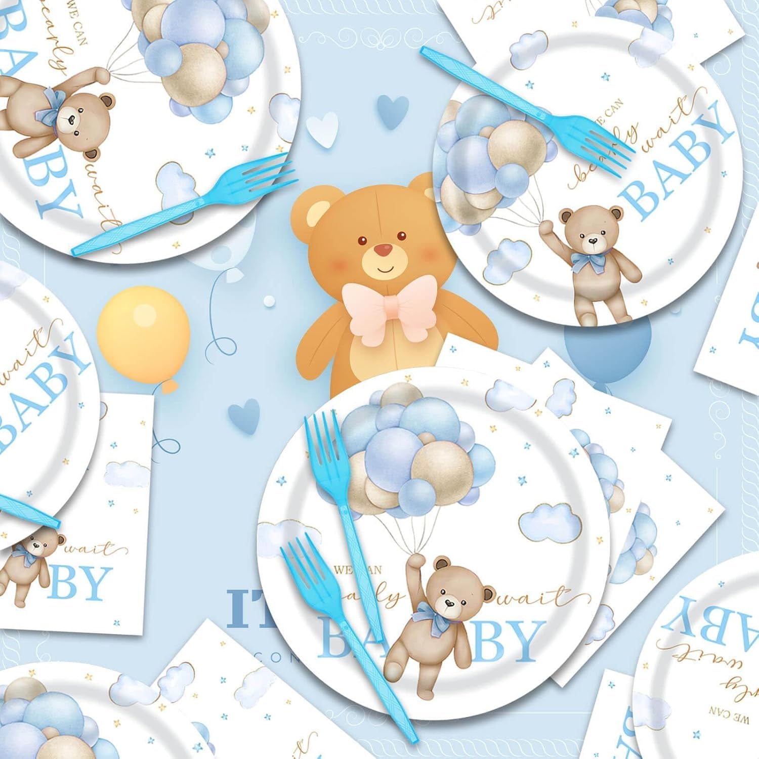 96 Pcs Bear Baby Shower Plates and Napkins Set