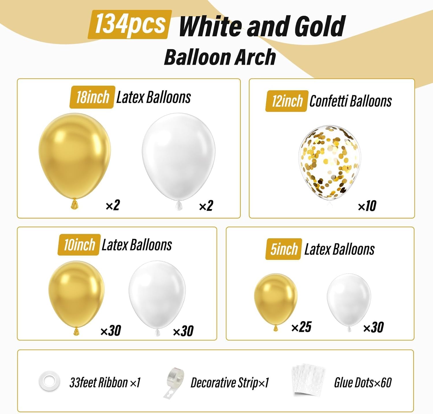 134pcs White and Gold Balloon Arch Kit for Parties