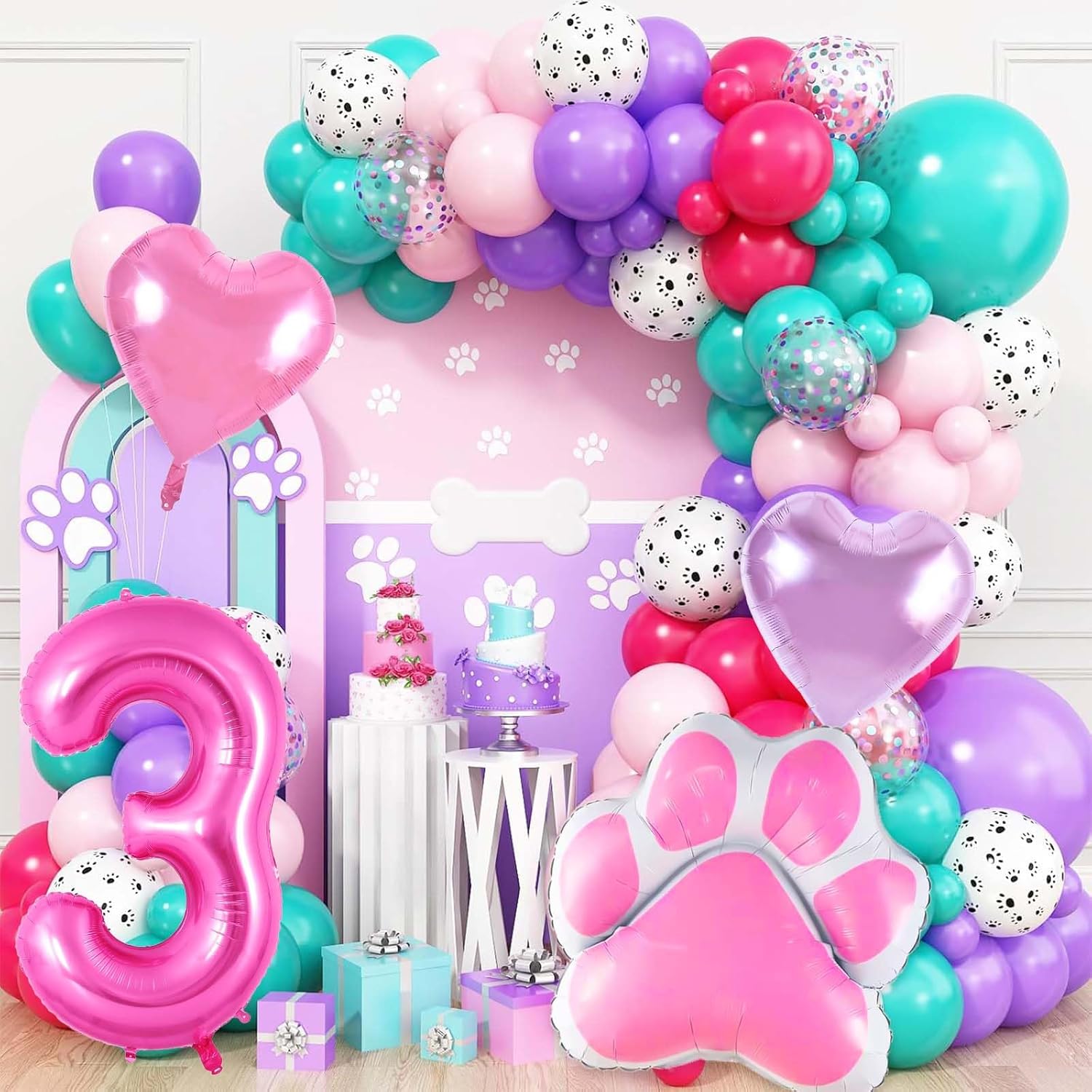 Pink Dog Birthday Balloons Set with Paw Print and Hearts