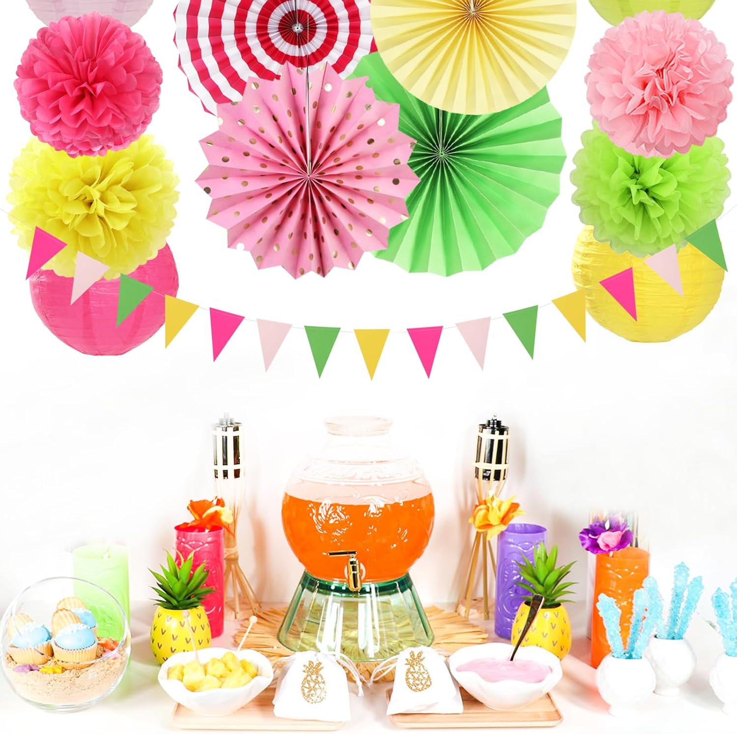 Hawaiian Pink Green-Yellow Party Decorations 20pcs