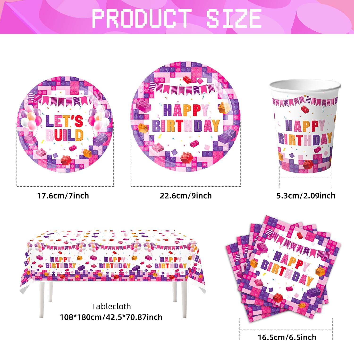 Pink Building Block Birthday Party Set