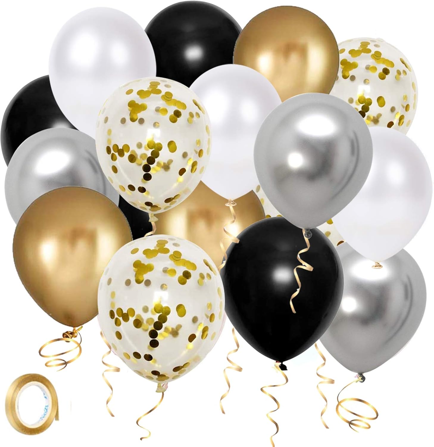Black Gold Silver Party Balloons 50pcs 12 Inch Metallic Confetti Balloons with Ribbon