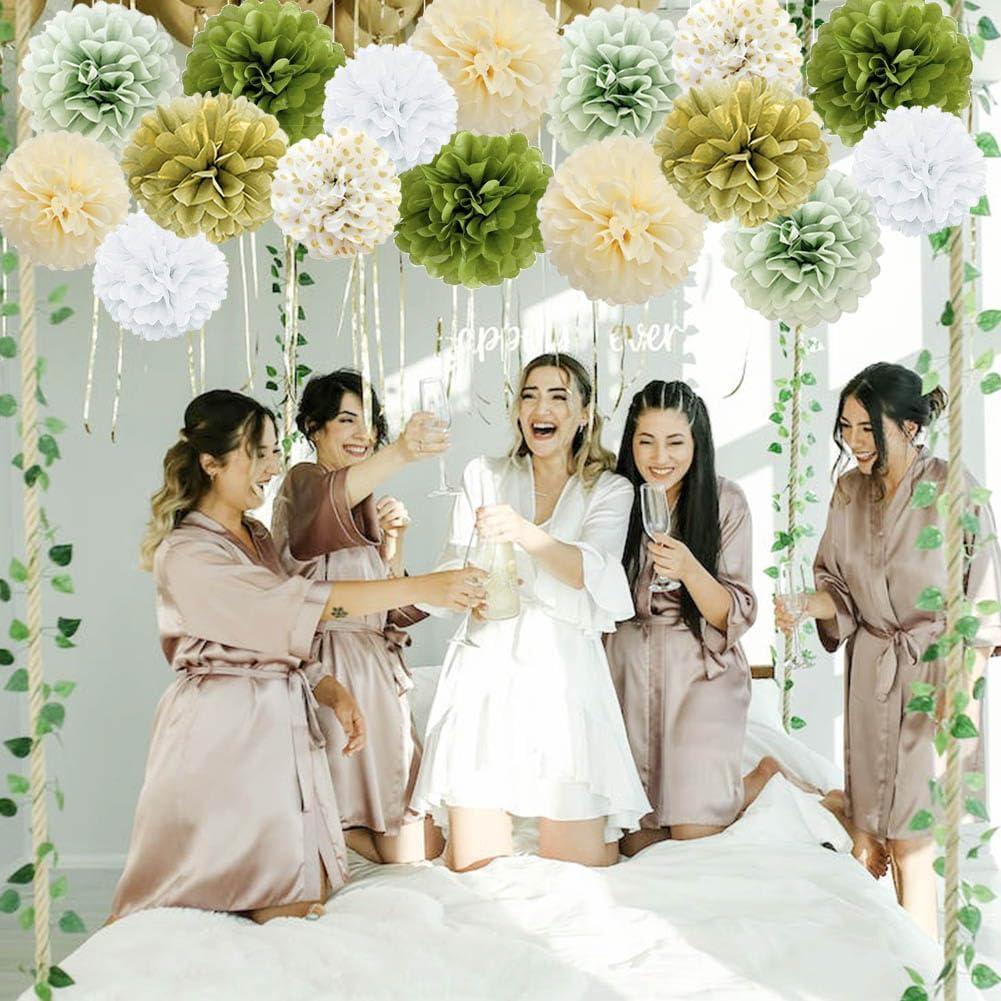 Sage Green Gold White Tissue Pom Poms Party Decor Kit