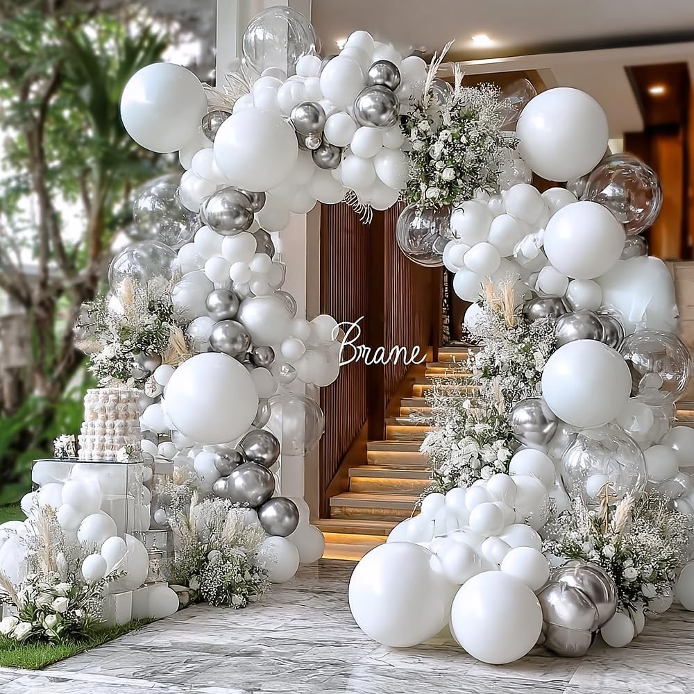 White Silver Balloon Garland with Foil Balloons for Parties and Celebrations