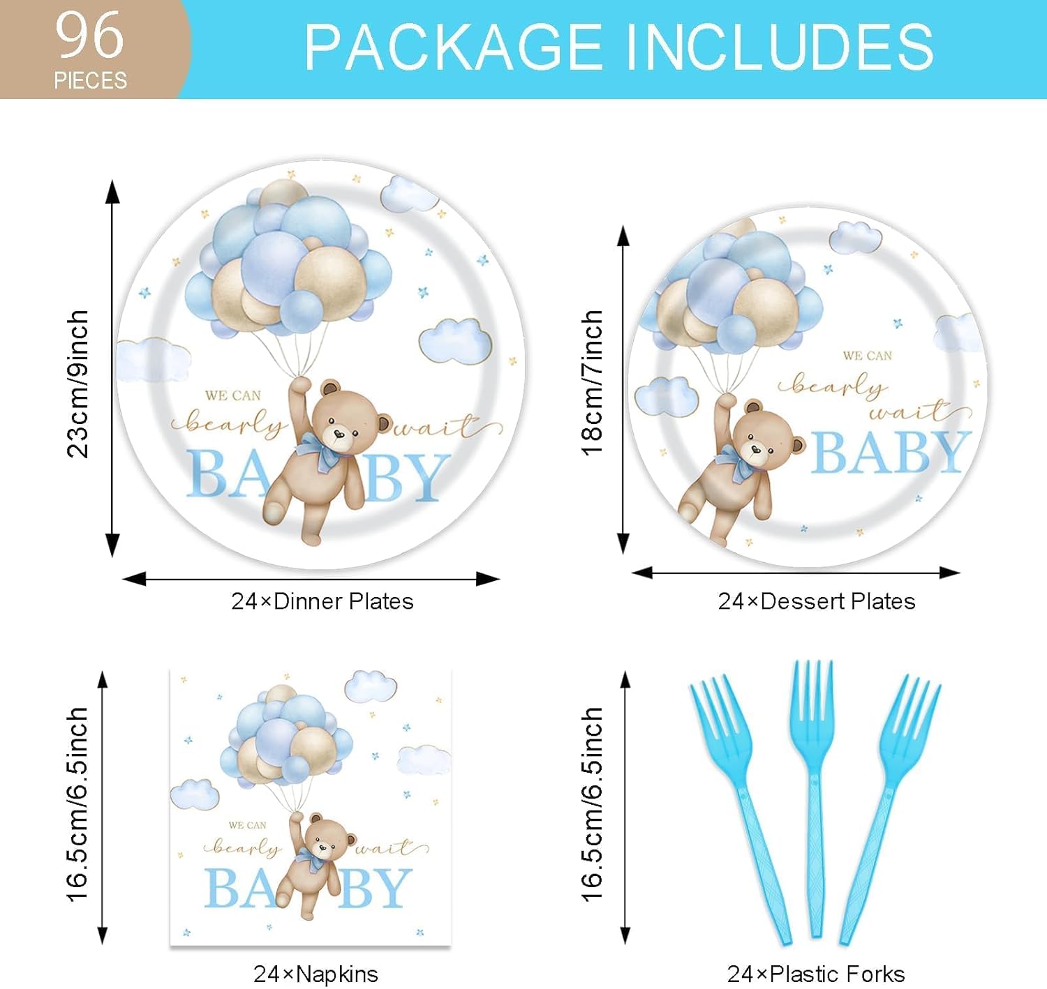 96 Pcs Bear Baby Shower Plates and Napkins Set