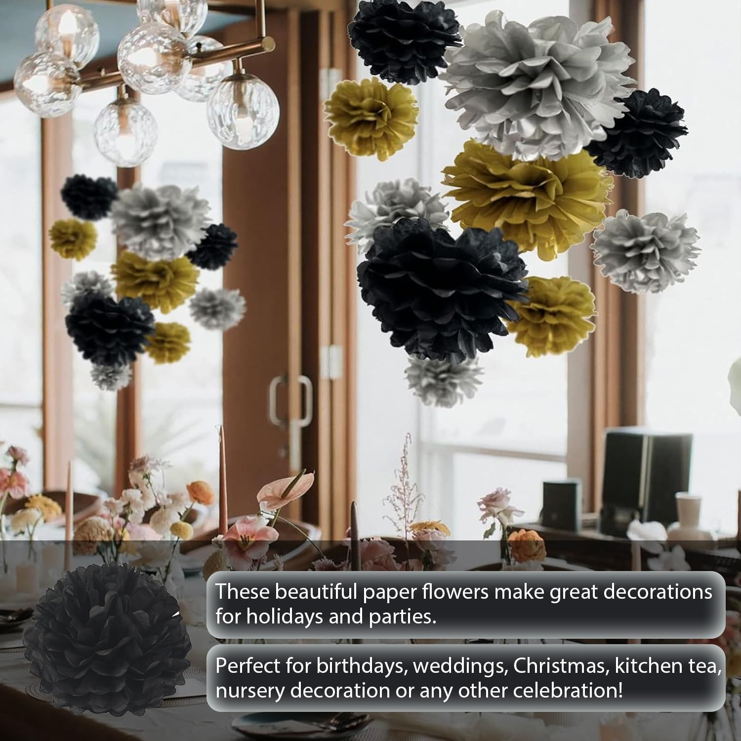 Qimoo 20pcs Black Paper Pom Poms Decorations