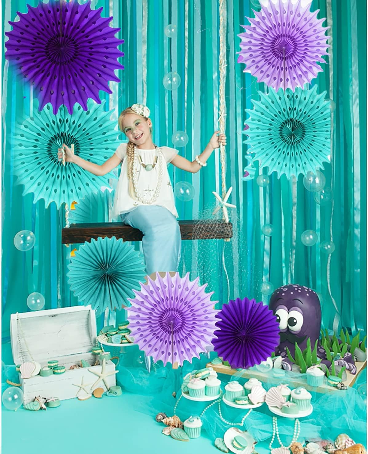 Teal Purple Tissue Paper Fan Flower Decor Kit