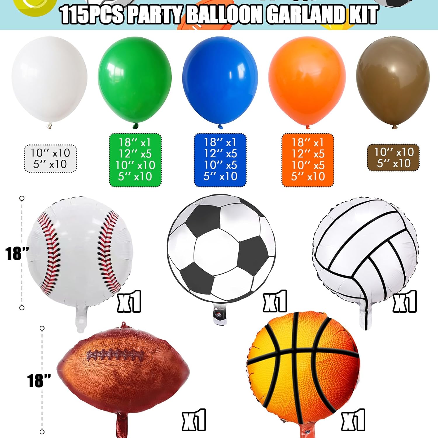 Jobkoo Sports Balloon Garland Kit 115Pcs Party Decorations