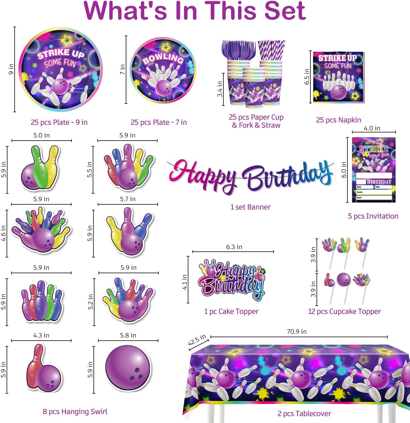 187PCS Bowling Party Decorations Set for 25 Guests
