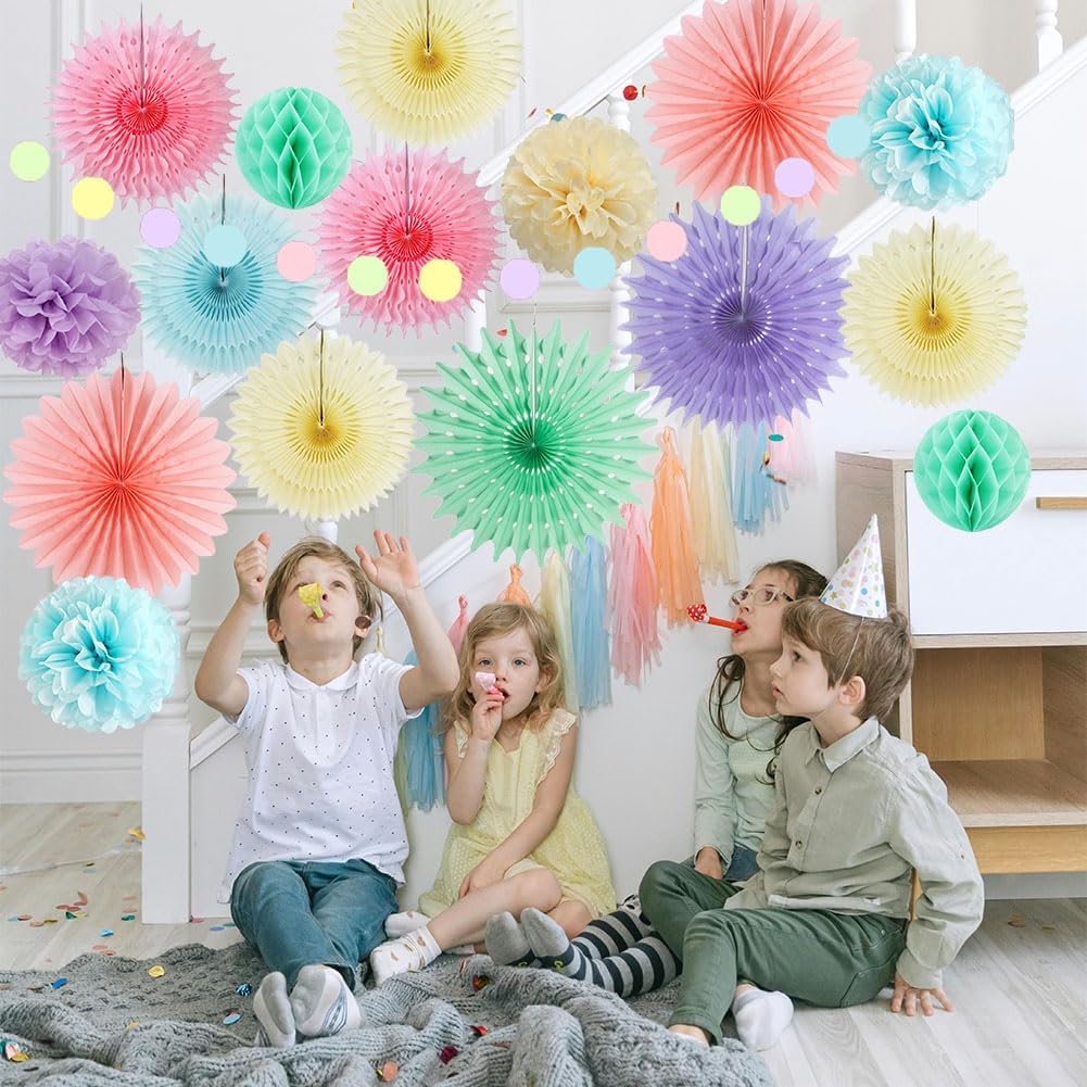 Pastel Party Decorations Kit 4pcs Fans 6pcs Pom Poms