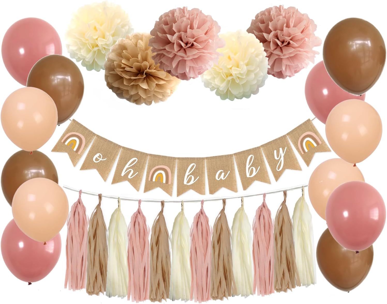 Boho Pink Brown Baby Shower Decorations Set 40-Pack