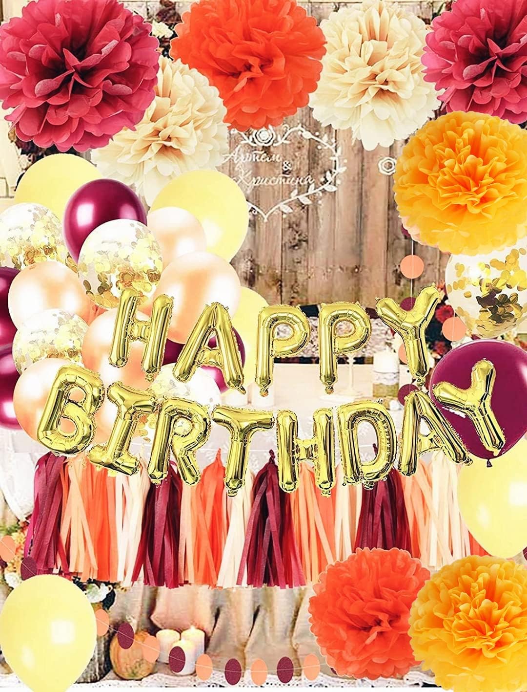 Fall Birthday Balloons with Burgundy Gold Orange Decor