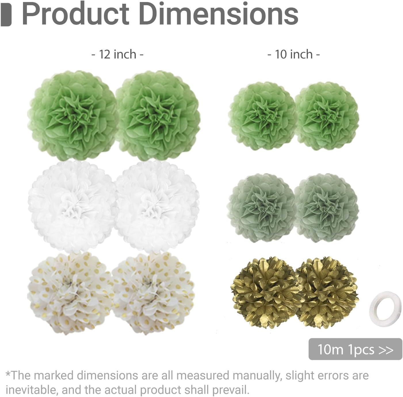Kuailaihai 12pcs Sage Green Paper Pom Poms Set