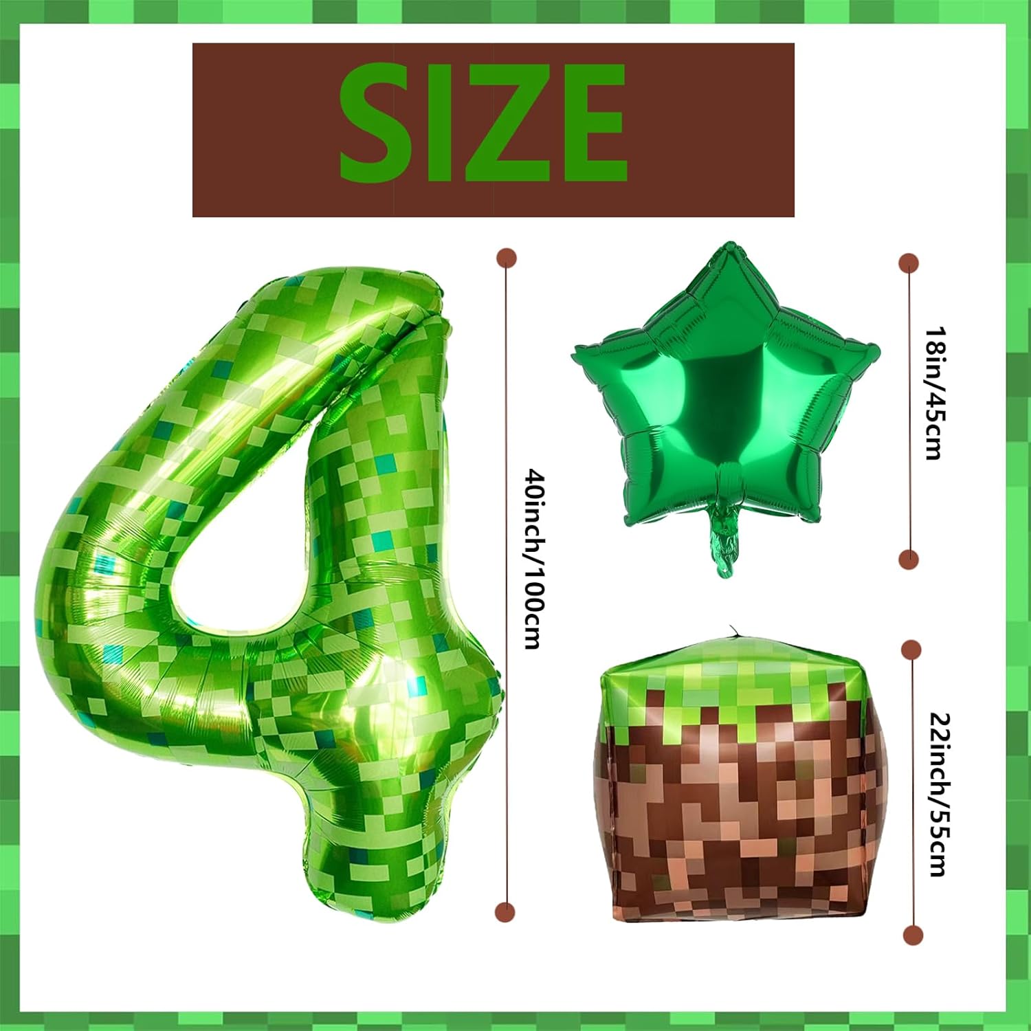 40 Inch Green Pixel Number 4 Foil Balloon Set
