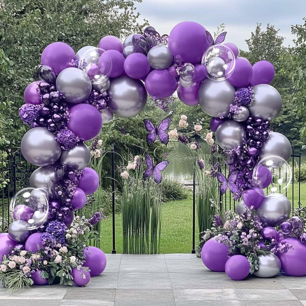 Purple Silver Balloon Arch Kit for Birthday Celebrations