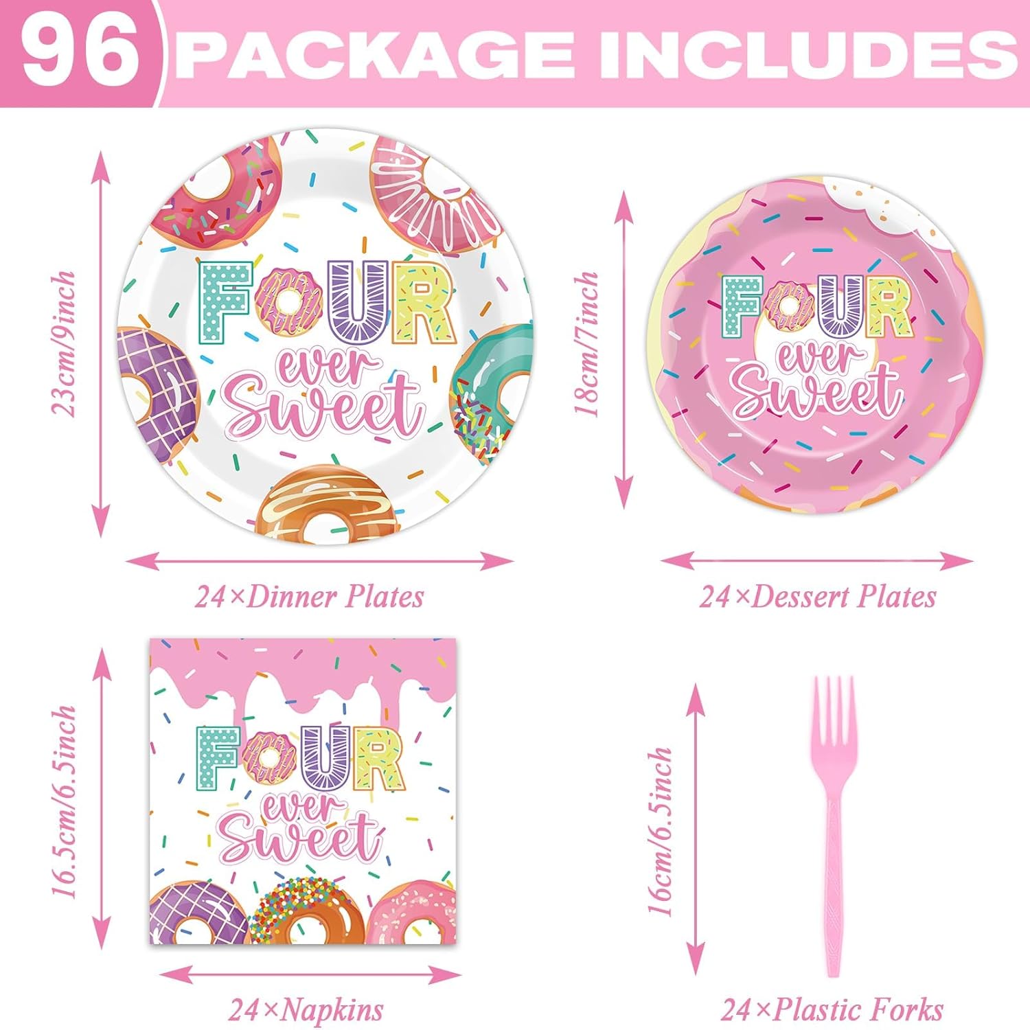 96 Pcs 4th Birthday Donut Party Decor Set