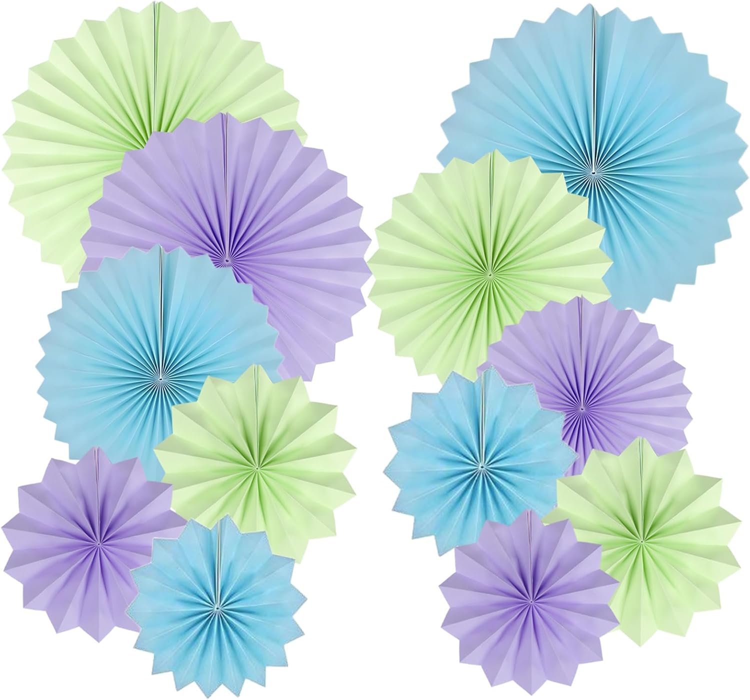 Purple Blue Green Paper Round Fan Decor Set of 12