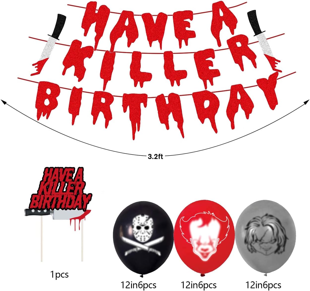 Killer Birthday Decorations Set Balloons Banner Tablecloth Cake Toppers