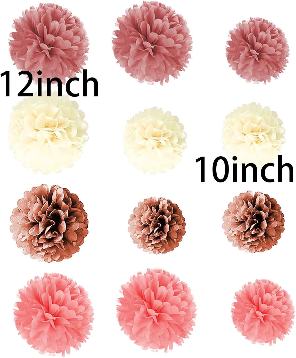 Blush Pink Mauve Tissue Paper Pom Poms 8Pcs 12in 4Pcs 10in