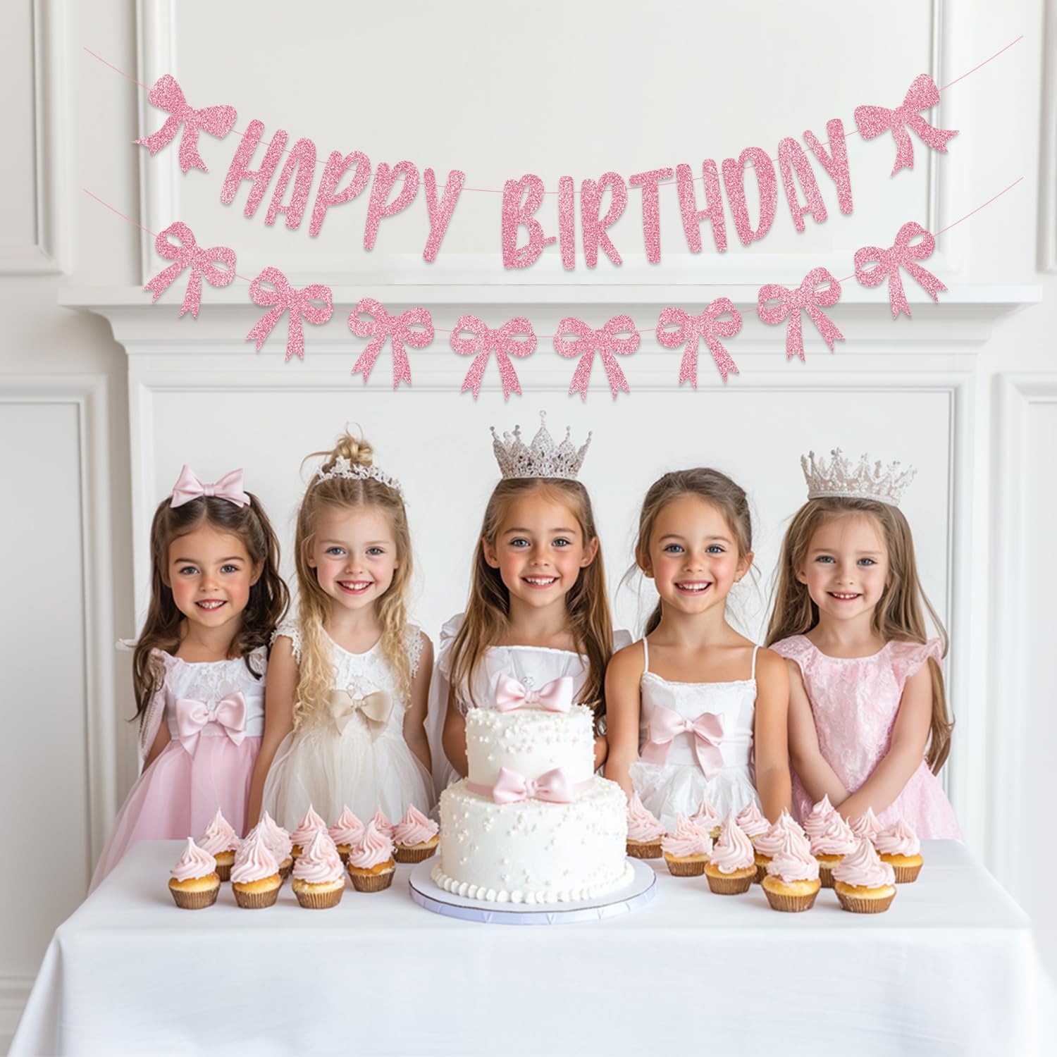 Pink Bow Birthday Banner with Garland and Decorations