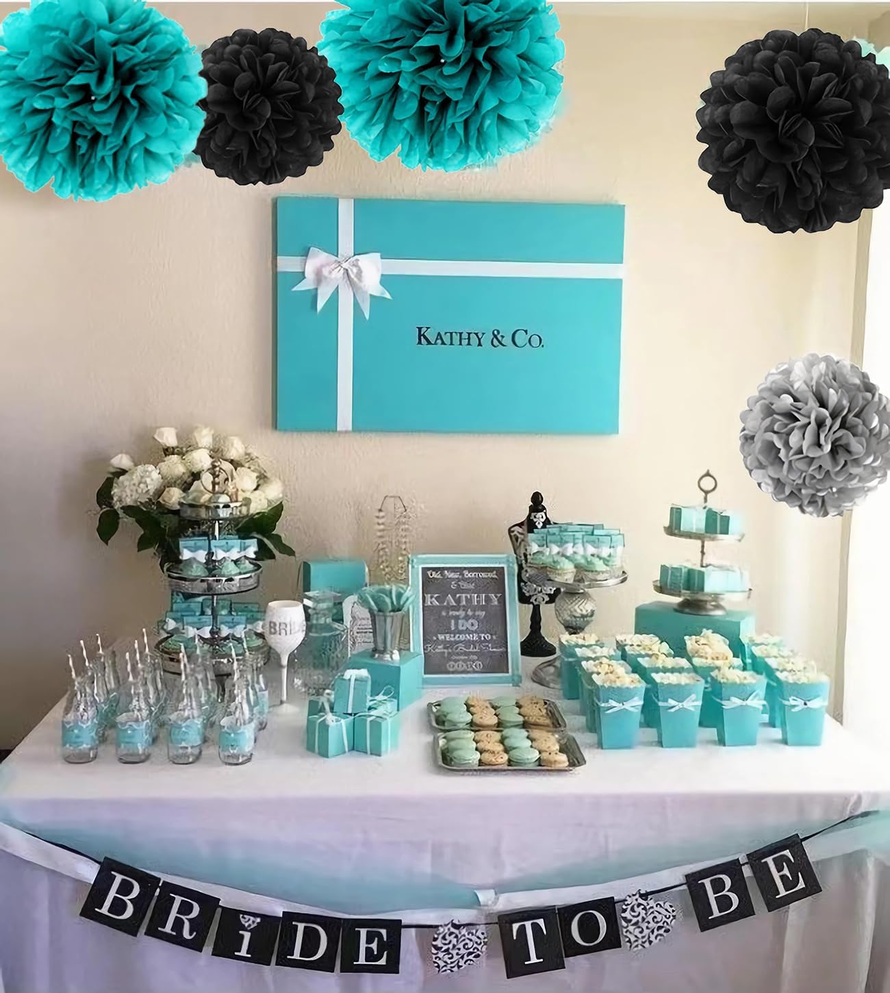 Teal Turquoise Silver Tissue Paper Pom Poms Backdrop