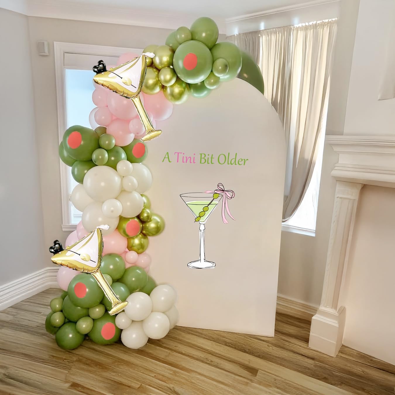 Martini Birthday Balloon Garland Kit 136Pcs Olive Green Pink White with Metallic Lime