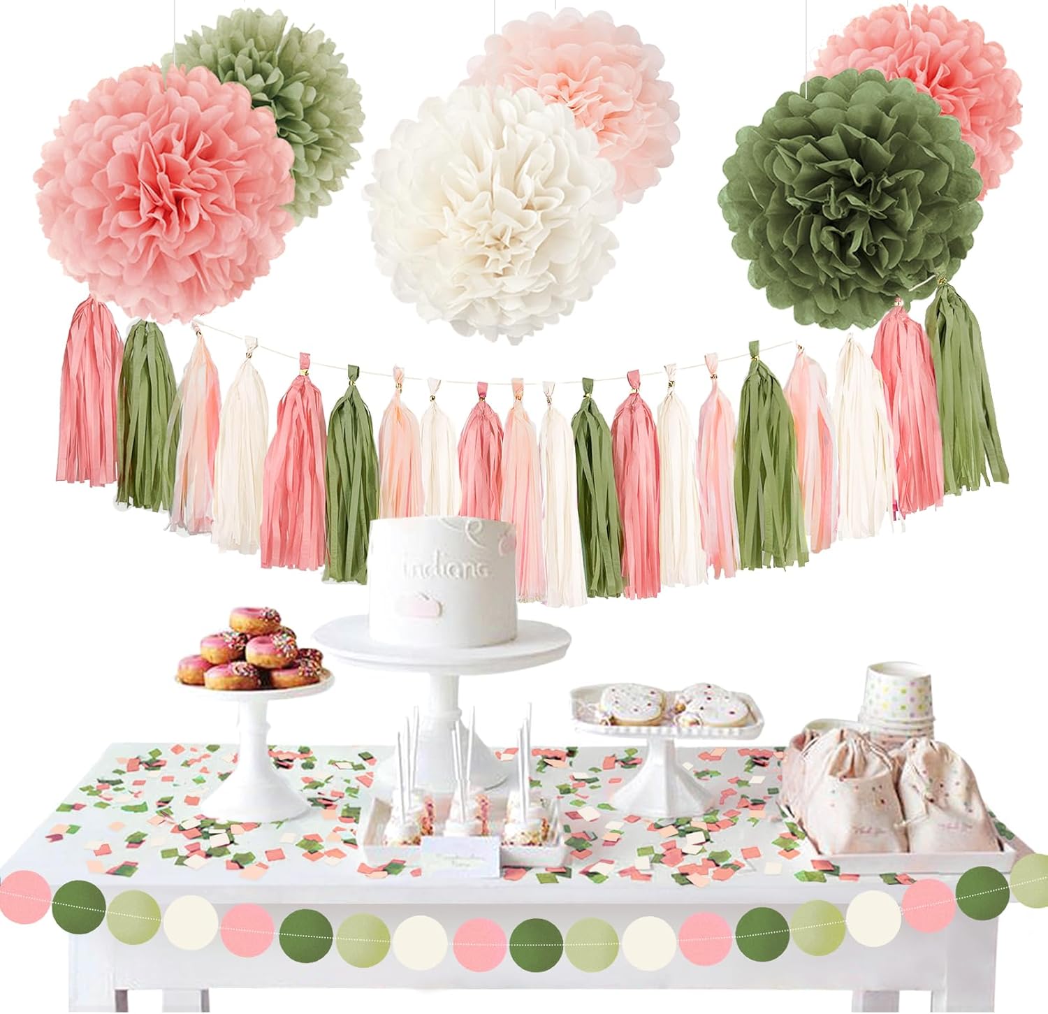 Pink Sage Green Tissue Paper Pom Poms Decor Kit