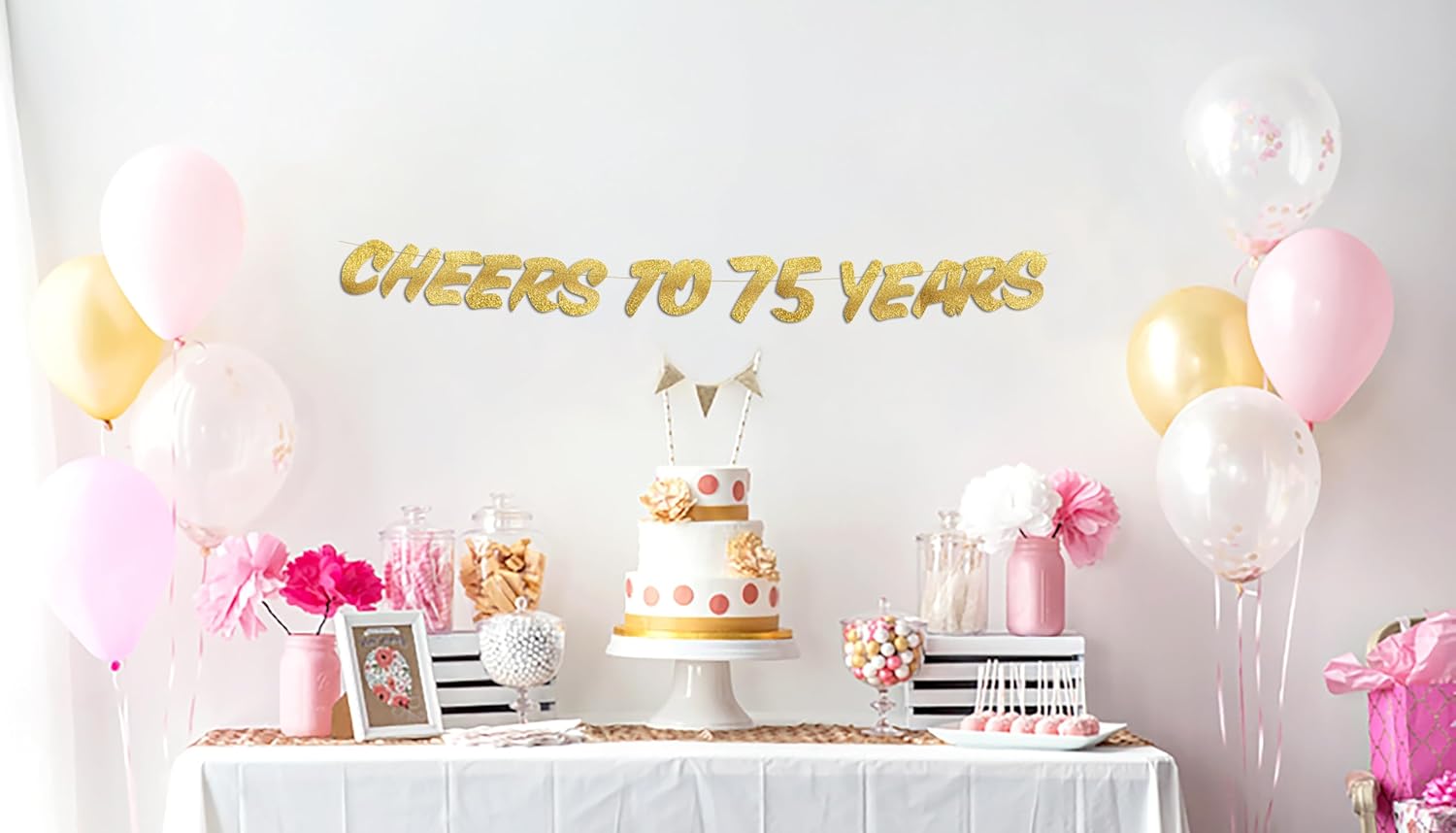 Cheers to 75 Years Gold Glitter Banner 75th Birthday Decor