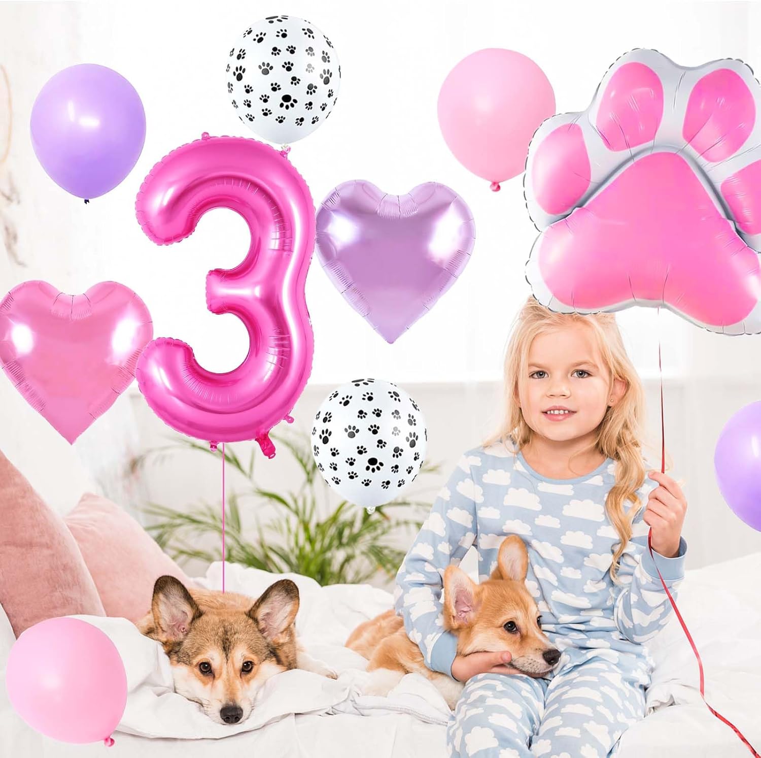 Pink Dog Birthday Balloons Set with Paw Print and Hearts