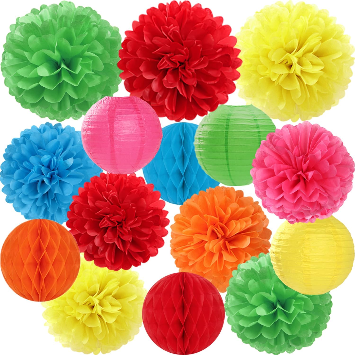 Rainbow Paper Flowers Tissue Pom Poms 15pcs Party Decorations
