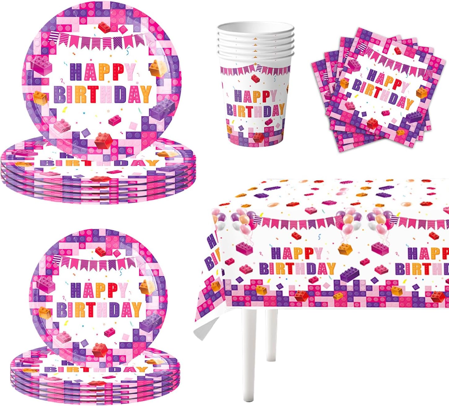 Pink Building Block Birthday Party Set