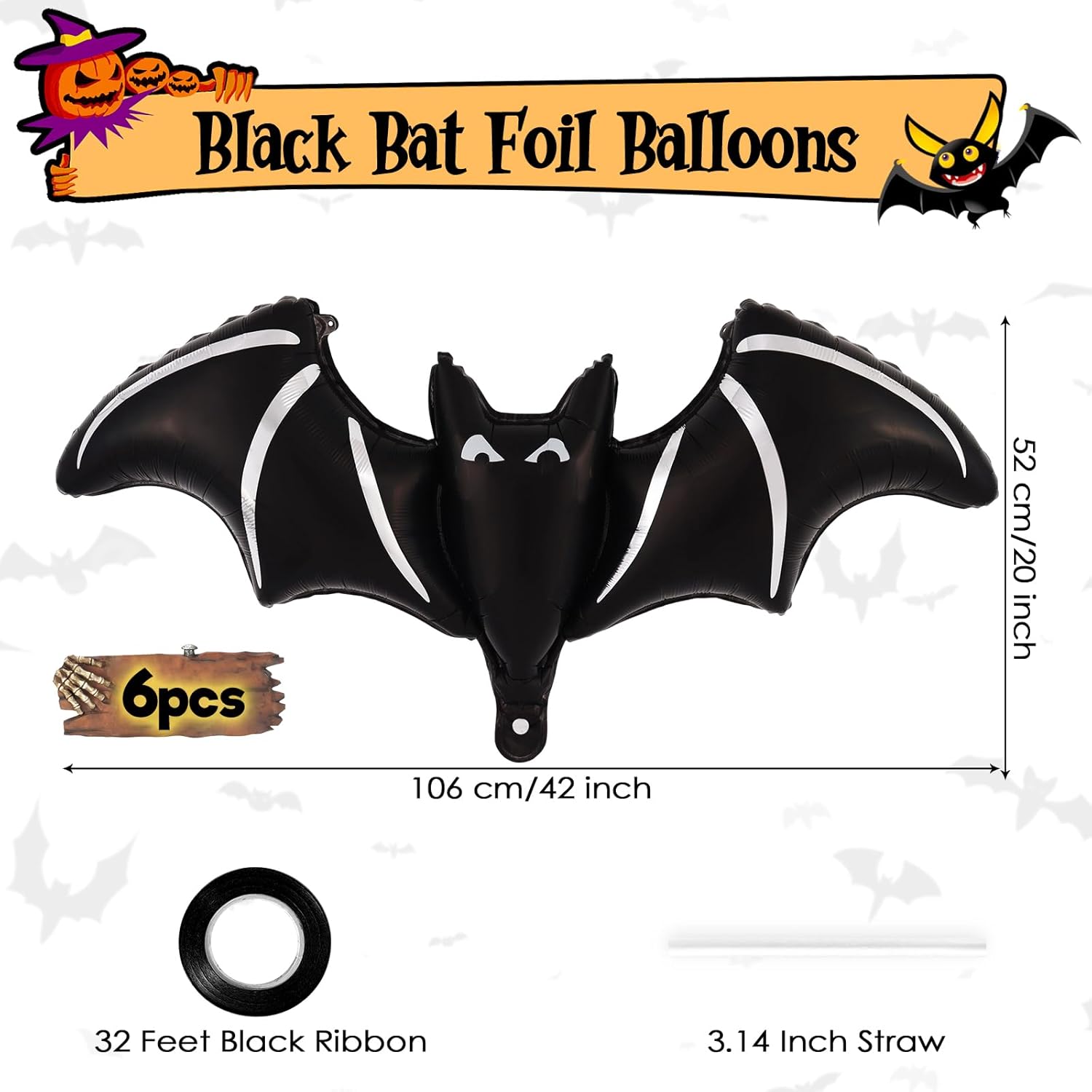 6 Pcs Black Bat Foil Balloons Halloween Decor