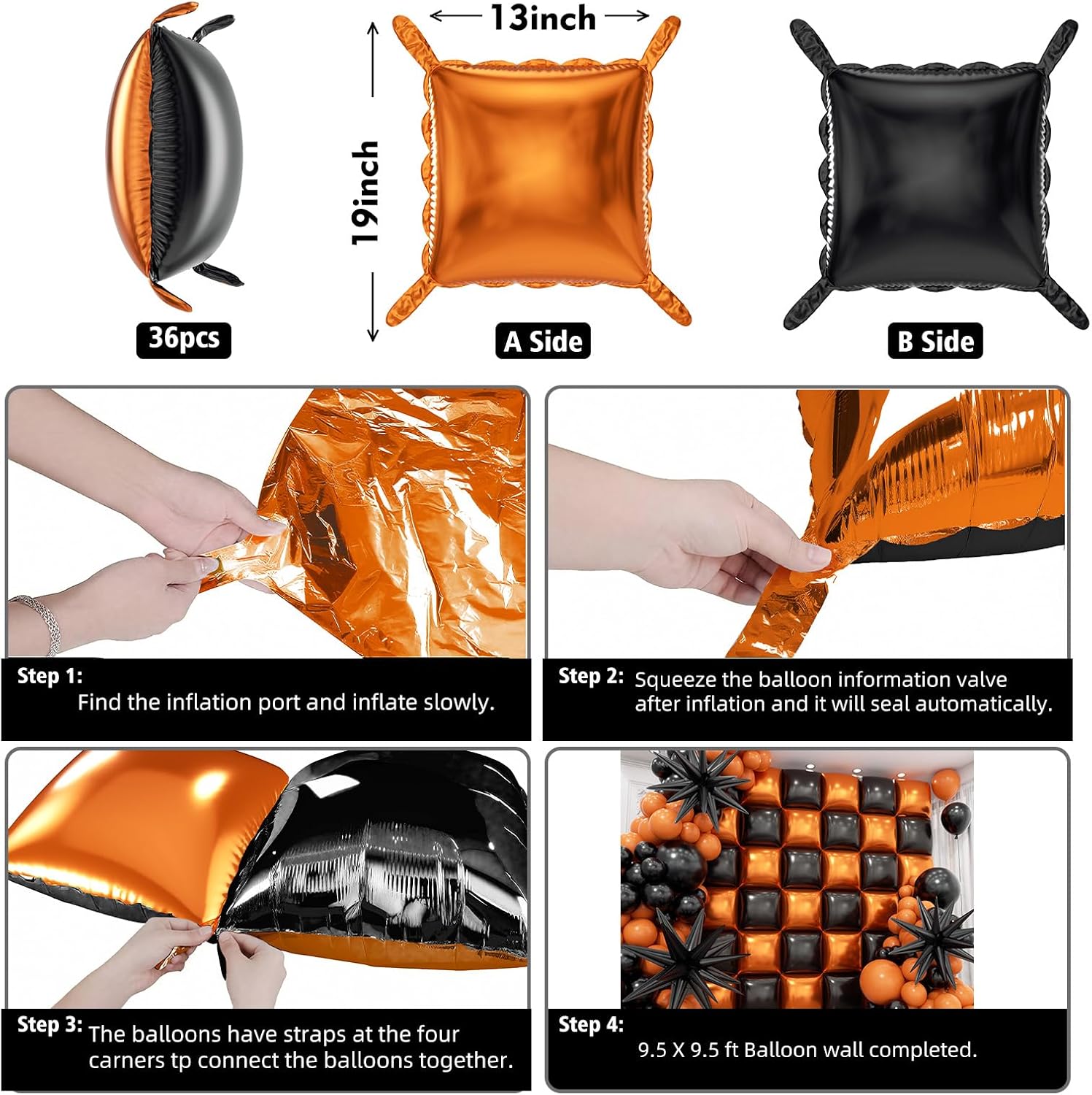 36pcs Black and Orange Square Foil Balloons with 147pcs Garland Arch Kit