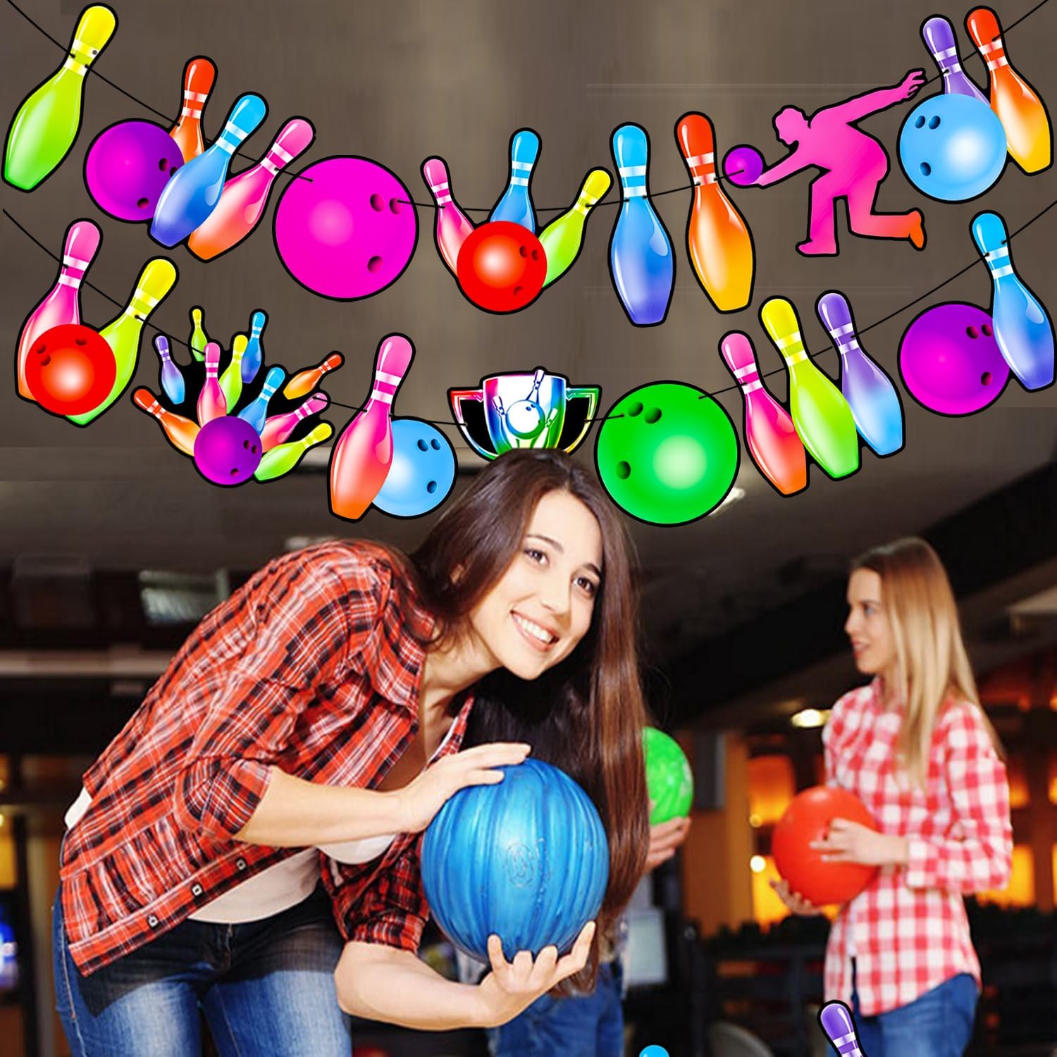 Neon Bowling Party Banners 2PCS Rainbow Birthday Decorations
