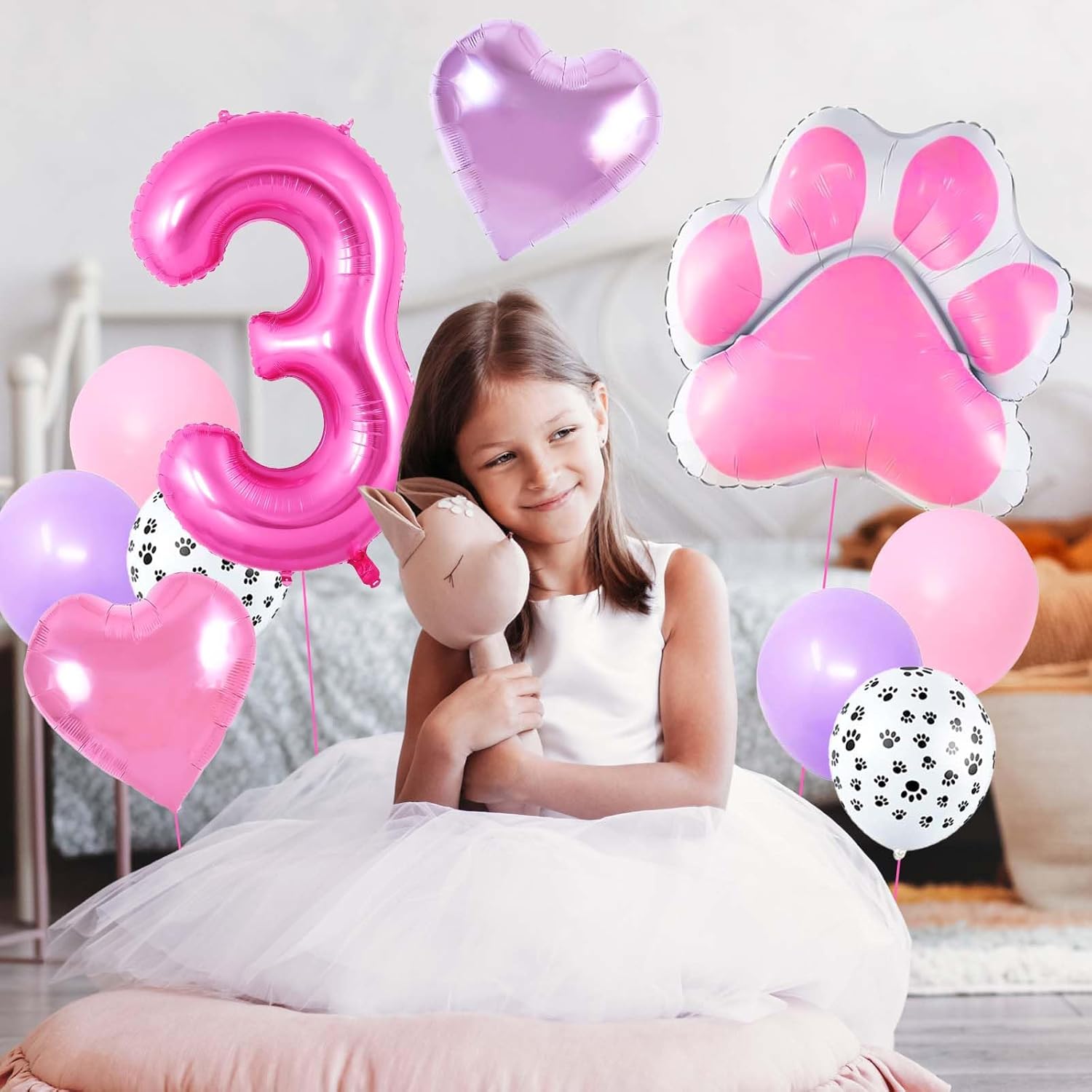 Pink Dog Birthday Balloons Set with Paw Print and Hearts