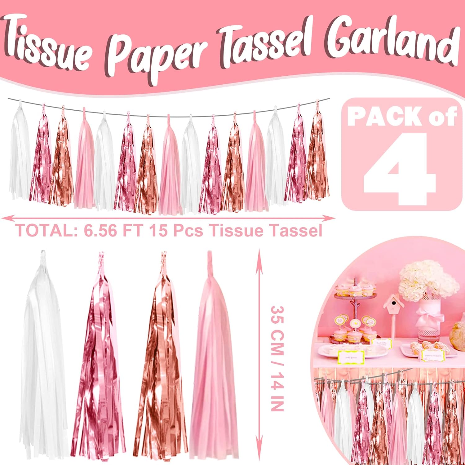 4P Pink White Peach Rose Gold Tassel Garland for Parties