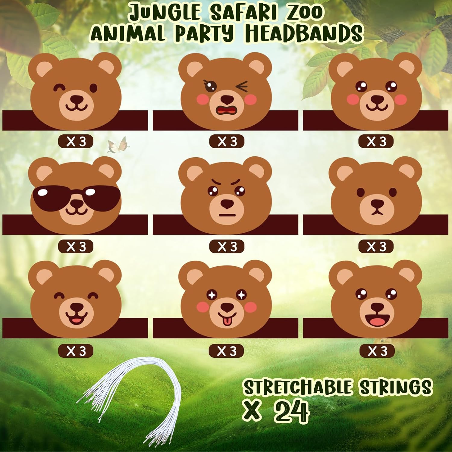 24 Pcs Bear Themed Party Hats with Ropes for Kids Birthday