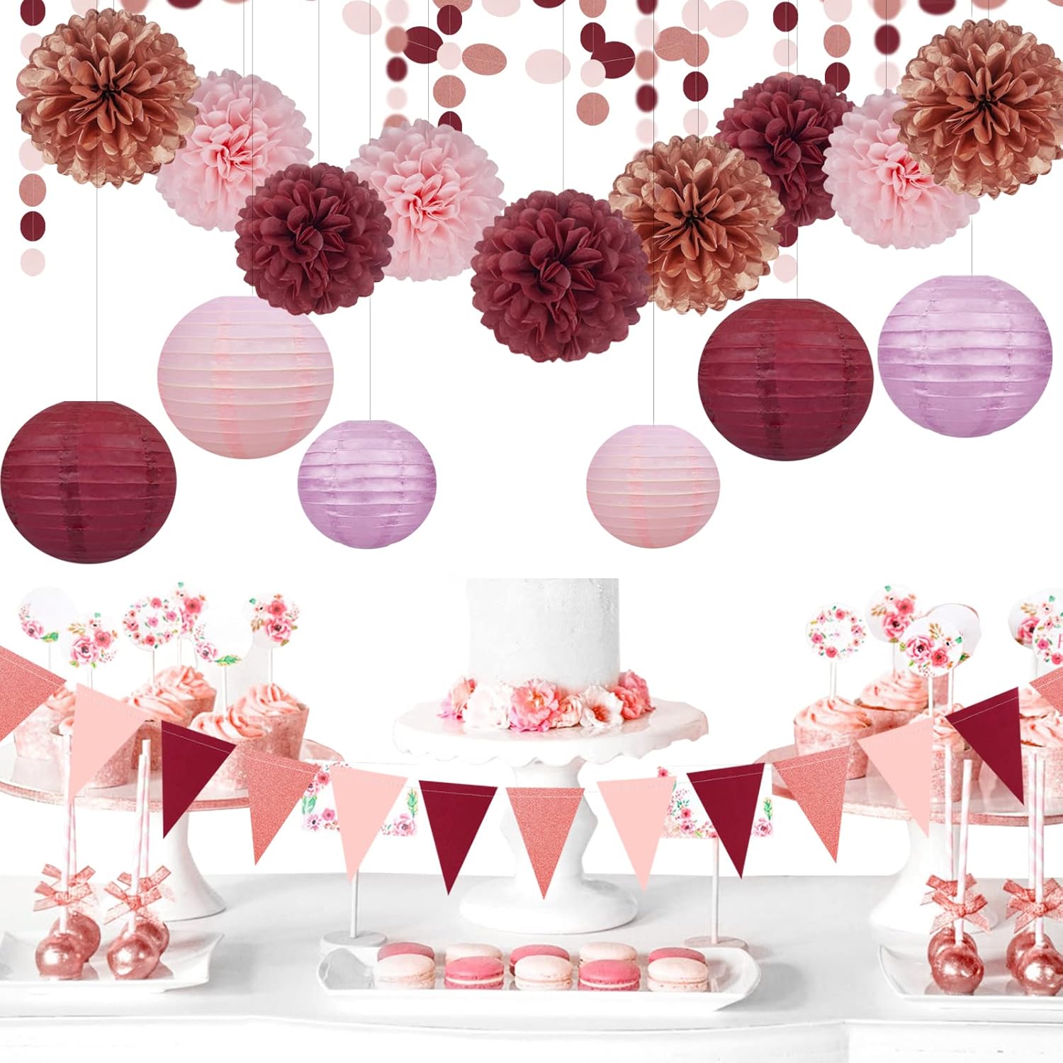 Rose Gold Pink Burgundy Party Decorations 15Pcs