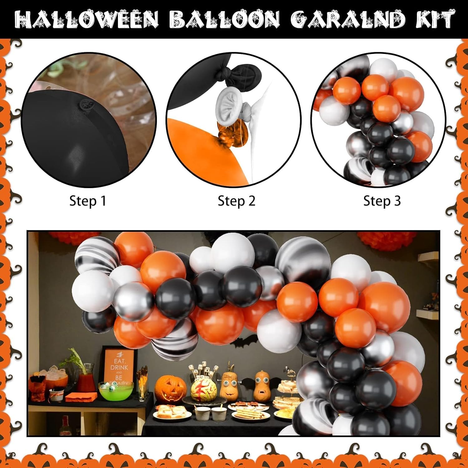 Black Orange and Silver Balloon Garland Arch Kit for Halloween