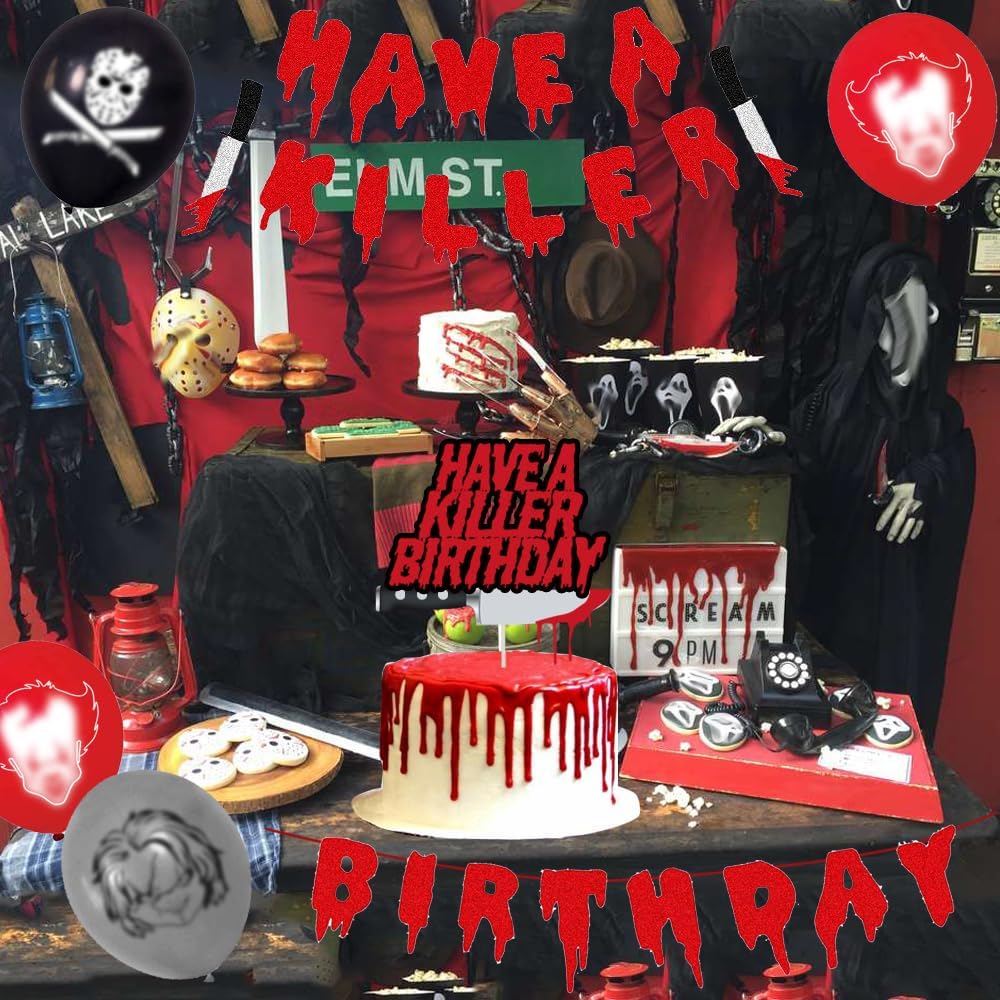 Killer Birthday Decorations Set Balloons Banner Tablecloth Cake Toppers