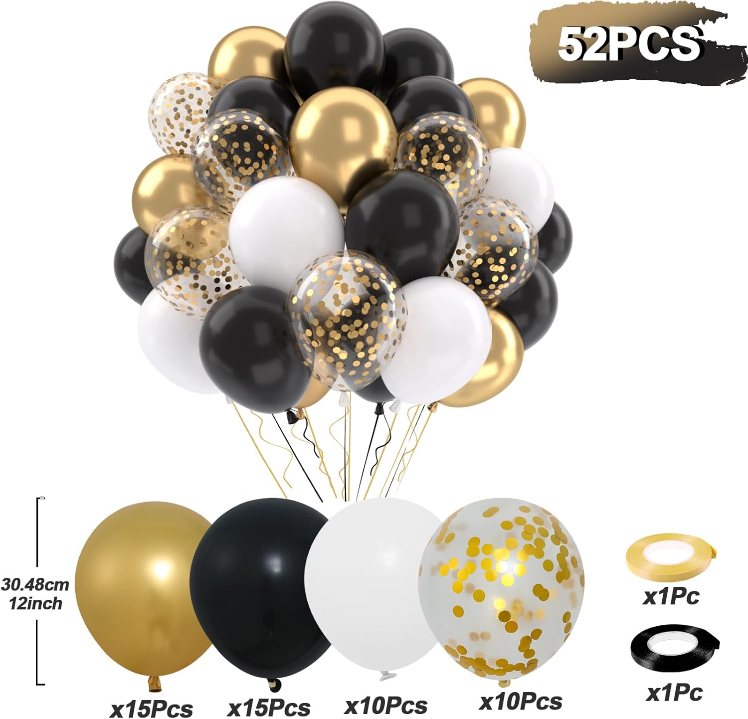 Patimate Black Gold Confetti Balloons Set 50Pcs