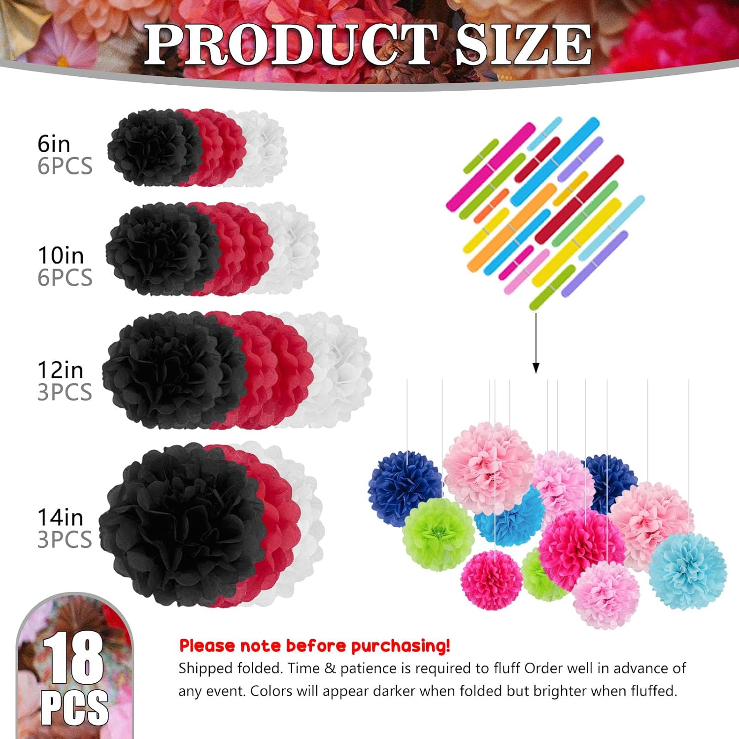 Tissue Paper Pom Poms 18 Piece Set Black White Red