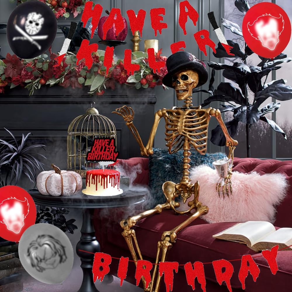 Killer Birthday Decorations Set Balloons Banner Tablecloth Cake Toppers