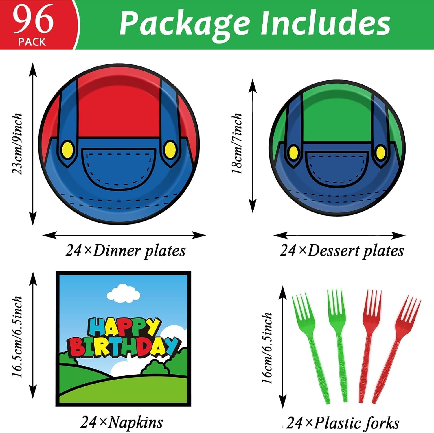 96 Pcs Super Brother Party Plates and Forks Set