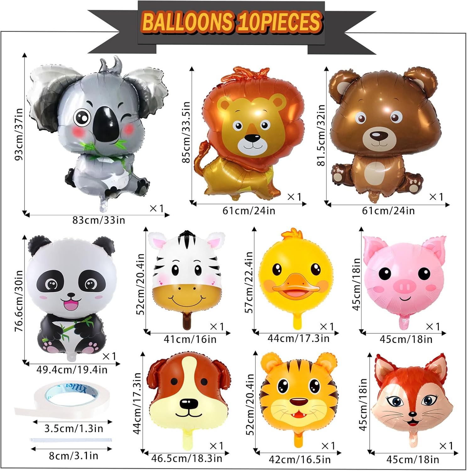 10 Pcs Safari Animal Balloons for Jungle Party Decorations