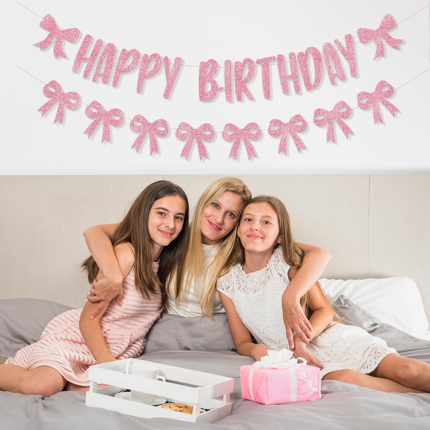 Pink Bow Birthday Banner with Garland and Decorations